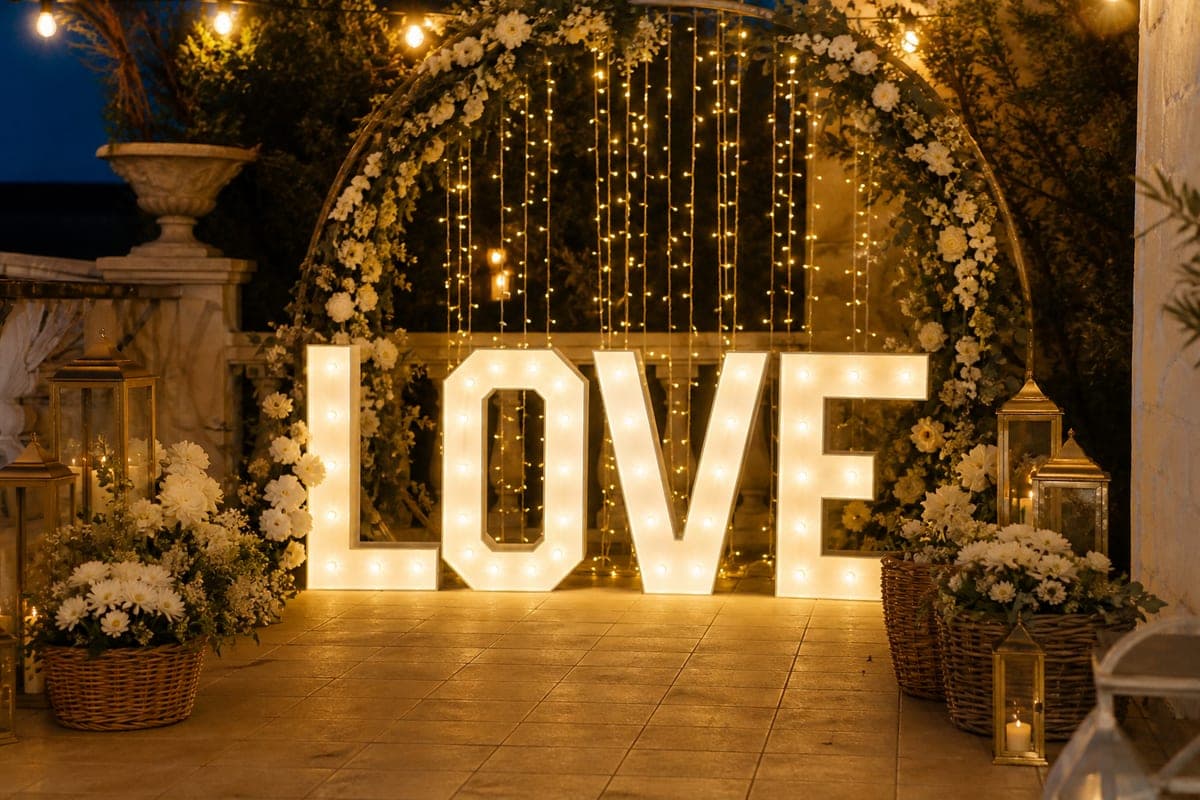 Illuminated LOVE letters, floral arch, baskets and lanterns — event decoration